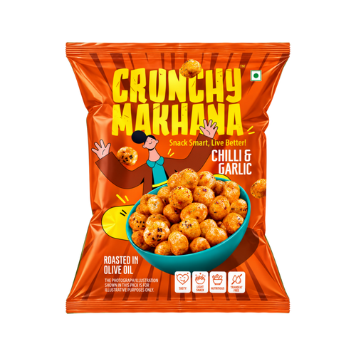 Chilli garlic makhana pouch, roasted flavoured fox nuts by Crunchy Makhana