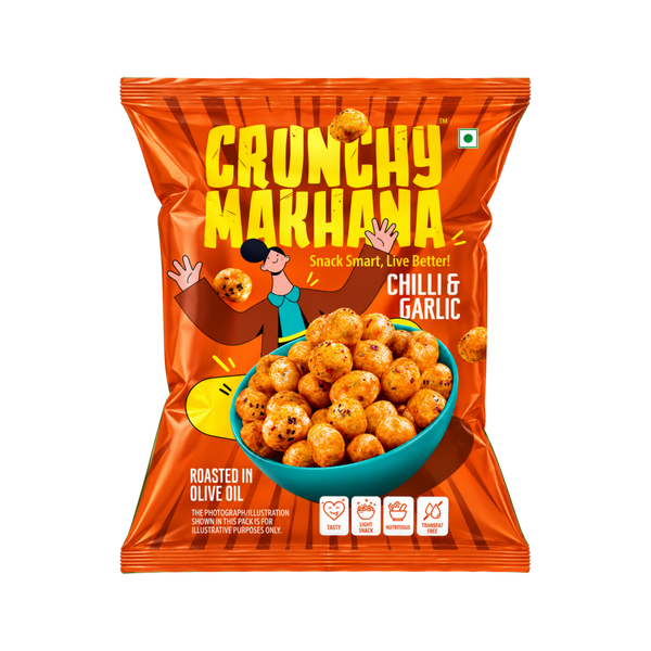 Chilli garlic makhana pouch, roasted flavoured fox nuts by Crunchy Makhana